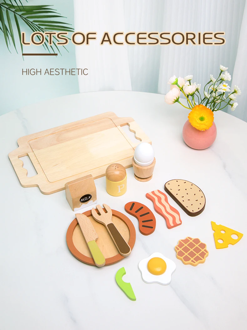 Wooden Kitchen Pretend Play Set Montessori Simulation Plates Dishes Accessories Kitchen Playset Toy for Toddlers Gifts Ages 3+