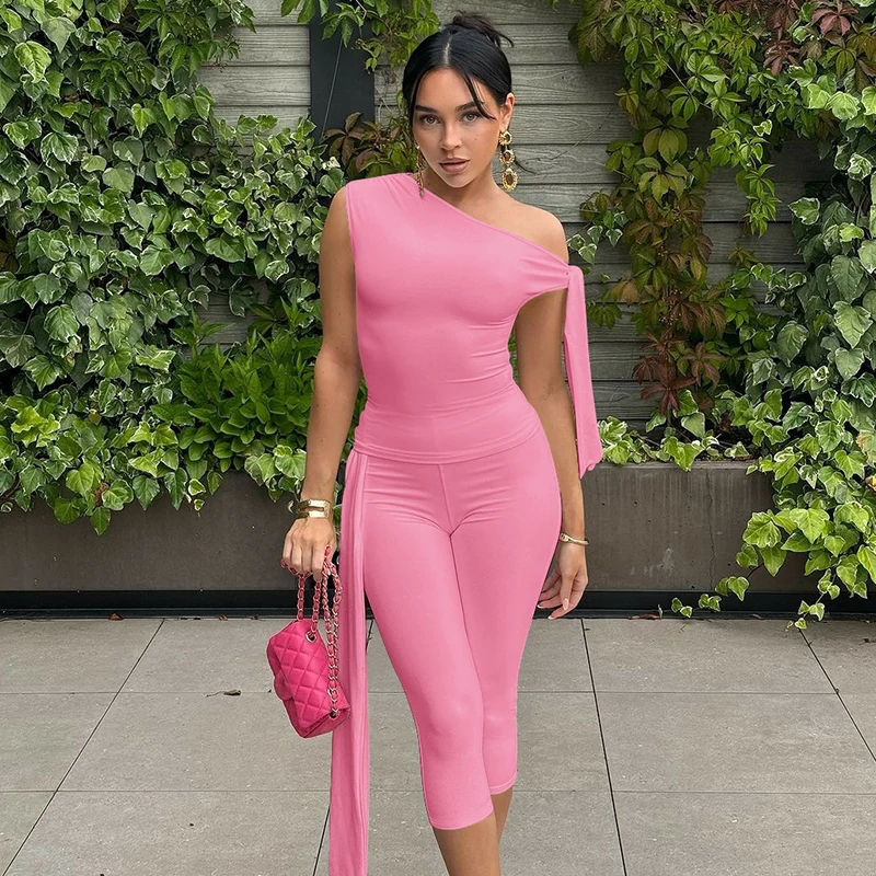 Hugcitar Fashion 2 Pcs Sets Solid One Shoulder Sleeveless Draped Sexy Top Knee Length Pants Women Y2K Outfits Festival Party