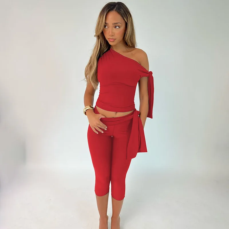 Hugcitar Fashion 2 Pcs Sets Solid One Shoulder Sleeveless Draped Sexy Top Knee Length Pants Women Y2K Outfits Festival Party