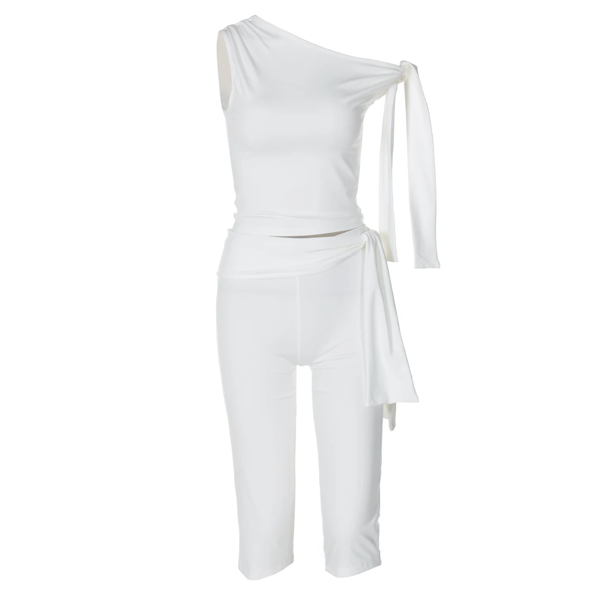 Hugcitar Fashion 2 Pcs Sets Solid One Shoulder Sleeveless Draped Sexy Top Knee Length Pants Women Y2K Outfits Festival Party
