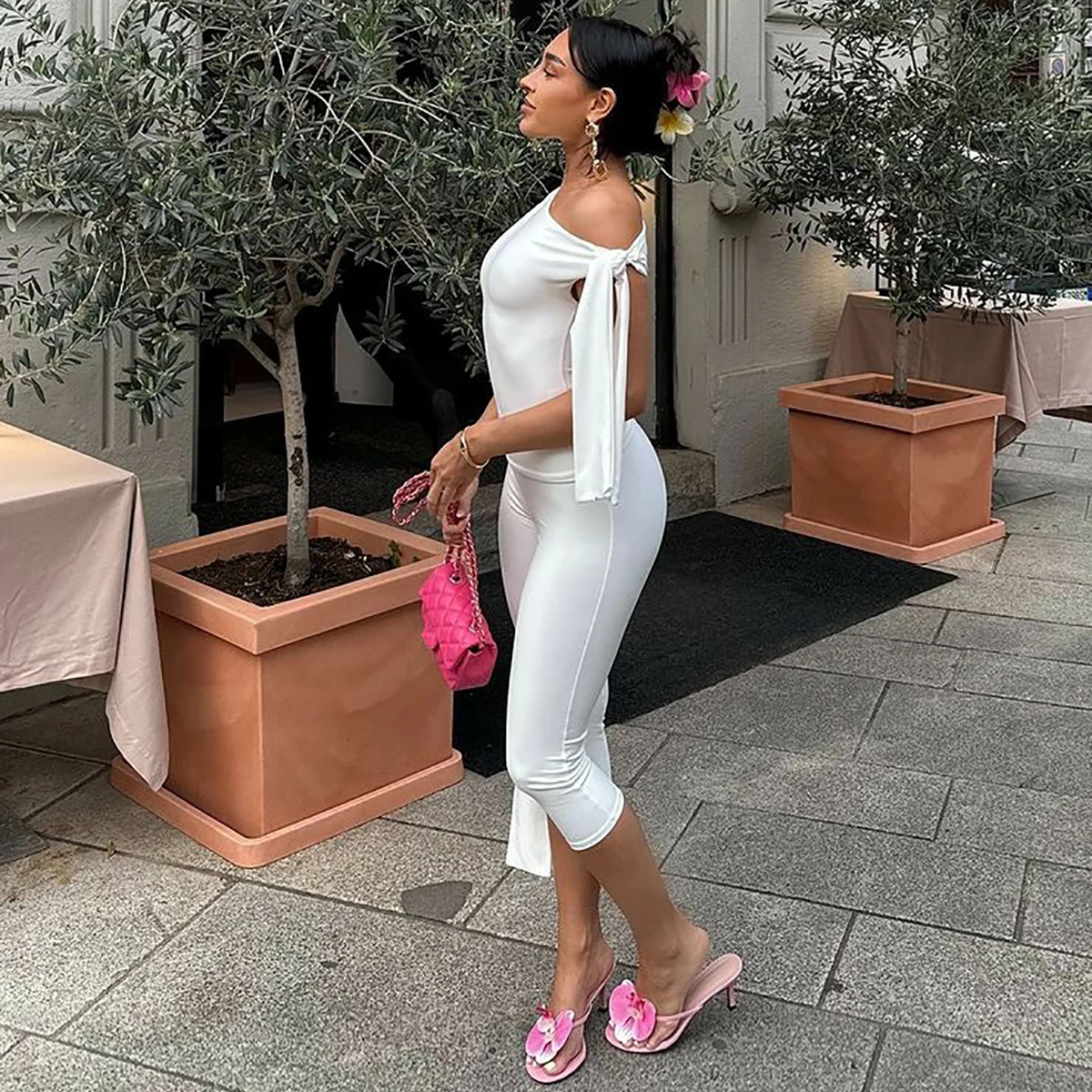 Hugcitar Fashion 2 Pcs Sets Solid One Shoulder Sleeveless Draped Sexy Top Knee Length Pants Women Y2K Outfits Festival Party