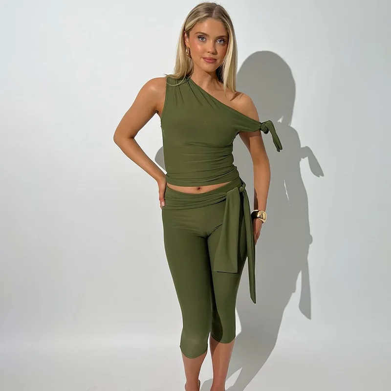 Hugcitar Fashion 2 Pcs Sets Solid One Shoulder Sleeveless Draped Sexy Top Knee Length Pants Women Y2K Outfits Festival Party