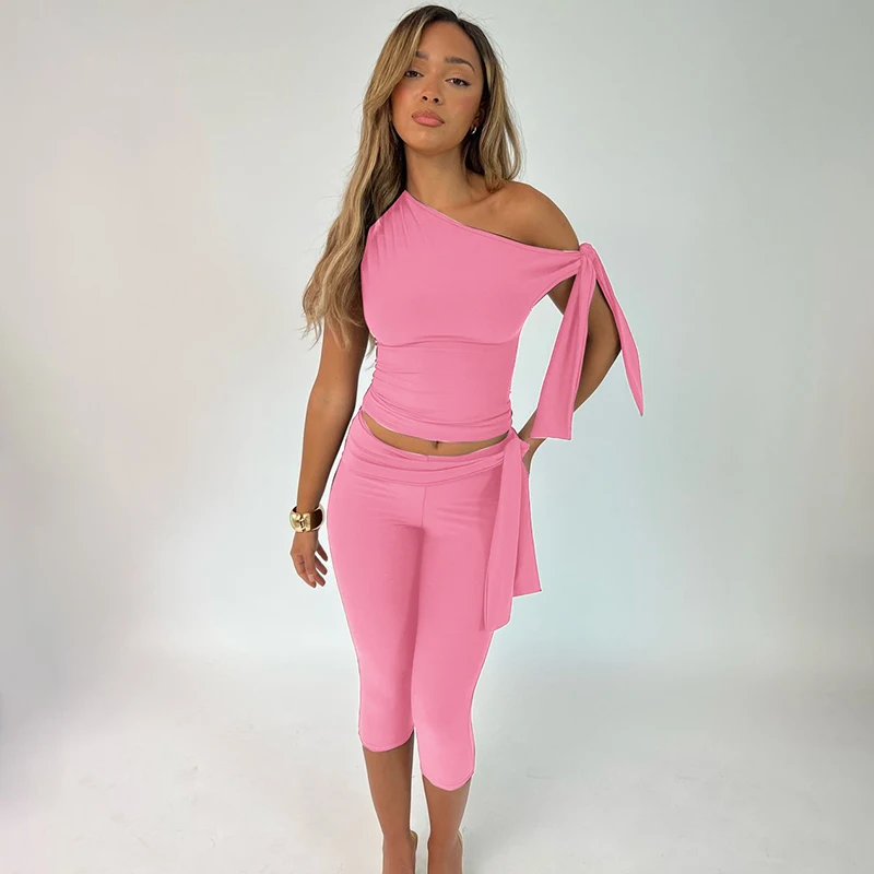 Hugcitar Fashion 2 Pcs Sets Solid One Shoulder Sleeveless Draped Sexy Top Knee Length Pants Women Y2K Outfits Festival Party