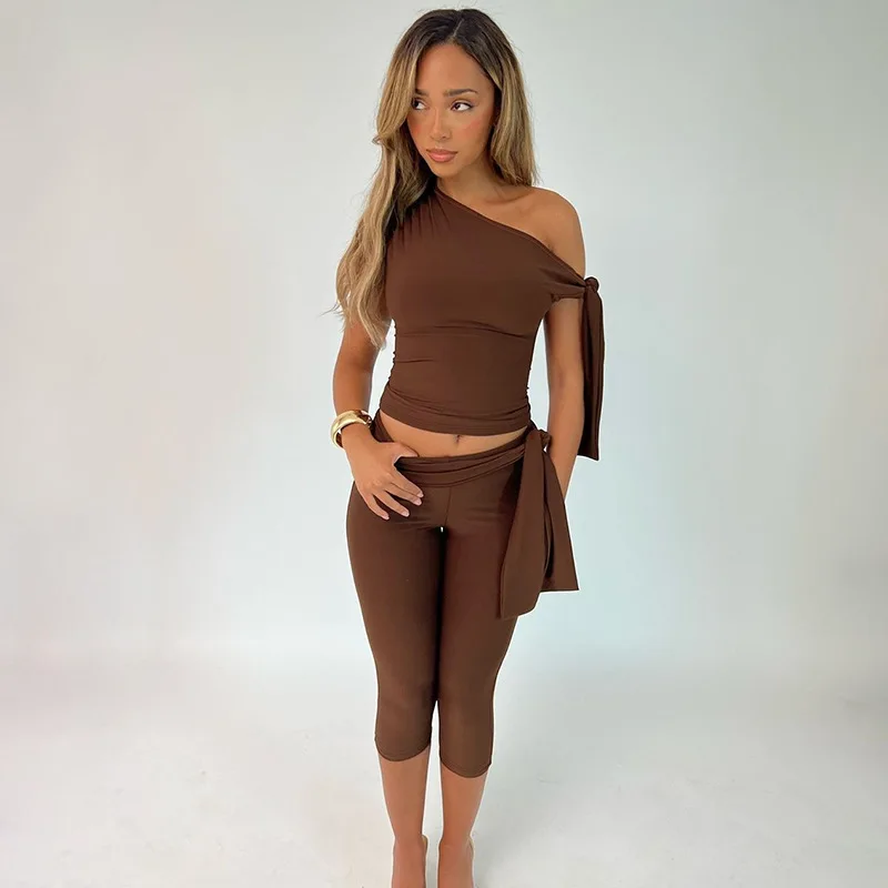 Hugcitar Fashion 2 Pcs Sets Solid One Shoulder Sleeveless Draped Sexy Top Knee Length Pants Women Y2K Outfits Festival Party