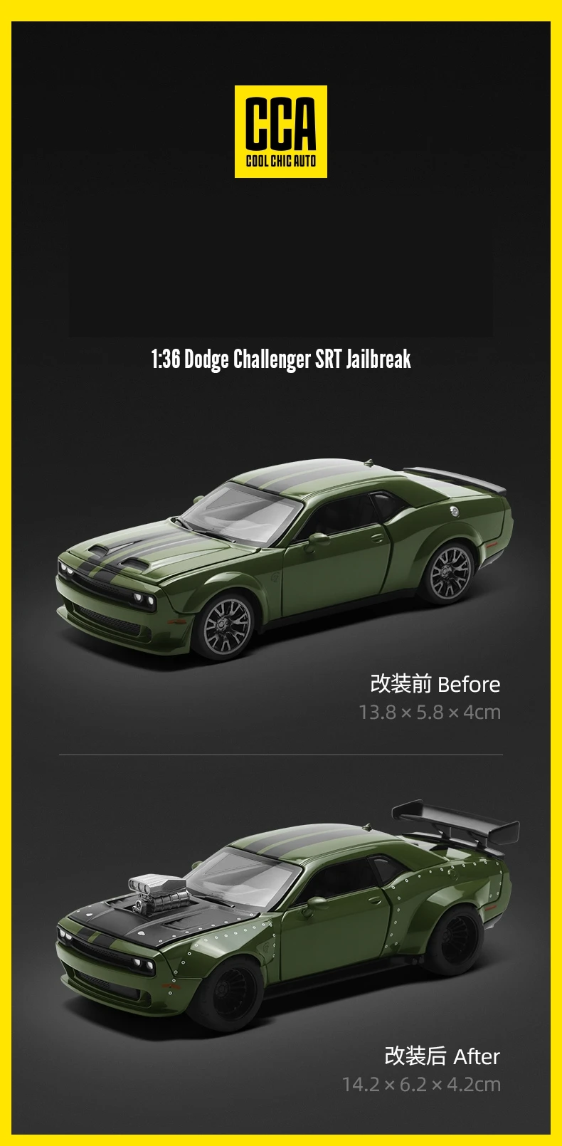 CCA COOL CHIC AUTO 1/36 Dodge Challenger SRT Hellcat Assembled Modified Toy Car Model Diecast Alloy Miniature Collection Gift