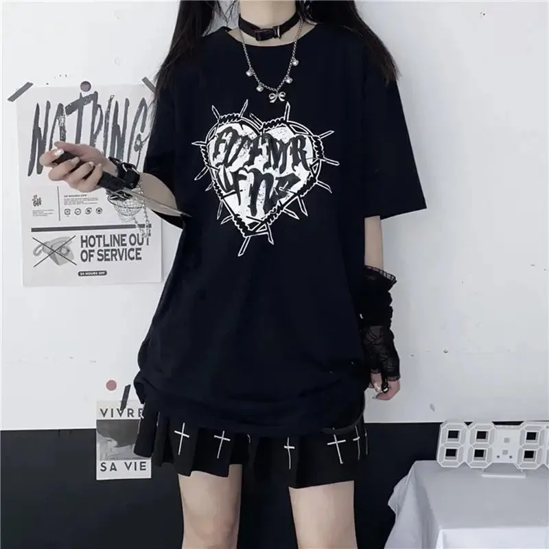 Y2k Fashion Goth Vintage Print T-shirt Women Harajuku Streetwear Dark Gothic Emo Alt Short Sleeve O-neck Loose Black Tee Tops
