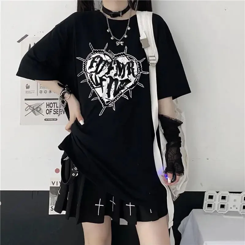 Y2k Fashion Goth Vintage Print T-shirt Women Harajuku Streetwear Dark Gothic Emo Alt Short Sleeve O-neck Loose Black Tee Tops