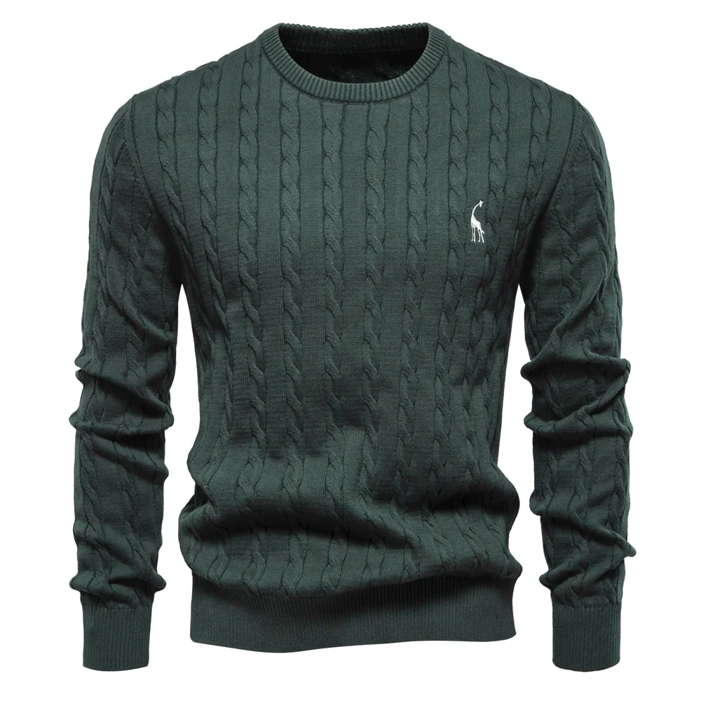 AIOPESON Mens Giraffe Embroidery Cotton Sweaters Round Neck Classic Twist Patterned Pullover Knitted Sweater for Men
