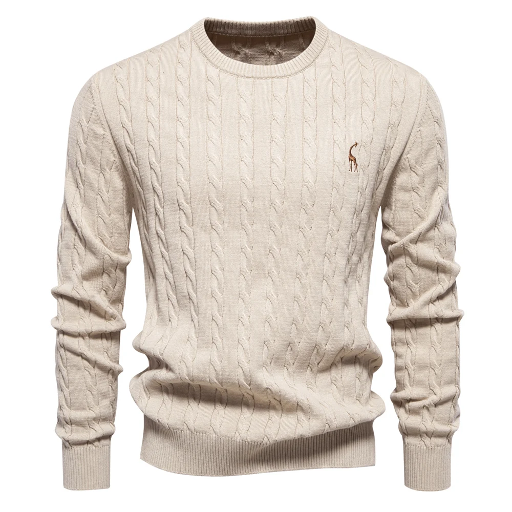 AIOPESON Mens Giraffe Embroidery Cotton Sweaters Round Neck Classic Twist Patterned Pullover Knitted Sweater for Men