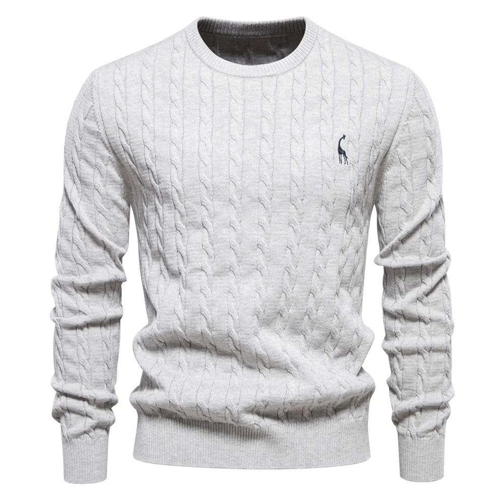AIOPESON Mens Giraffe Embroidery Cotton Sweaters Round Neck Classic Twist Patterned Pullover Knitted Sweater for Men