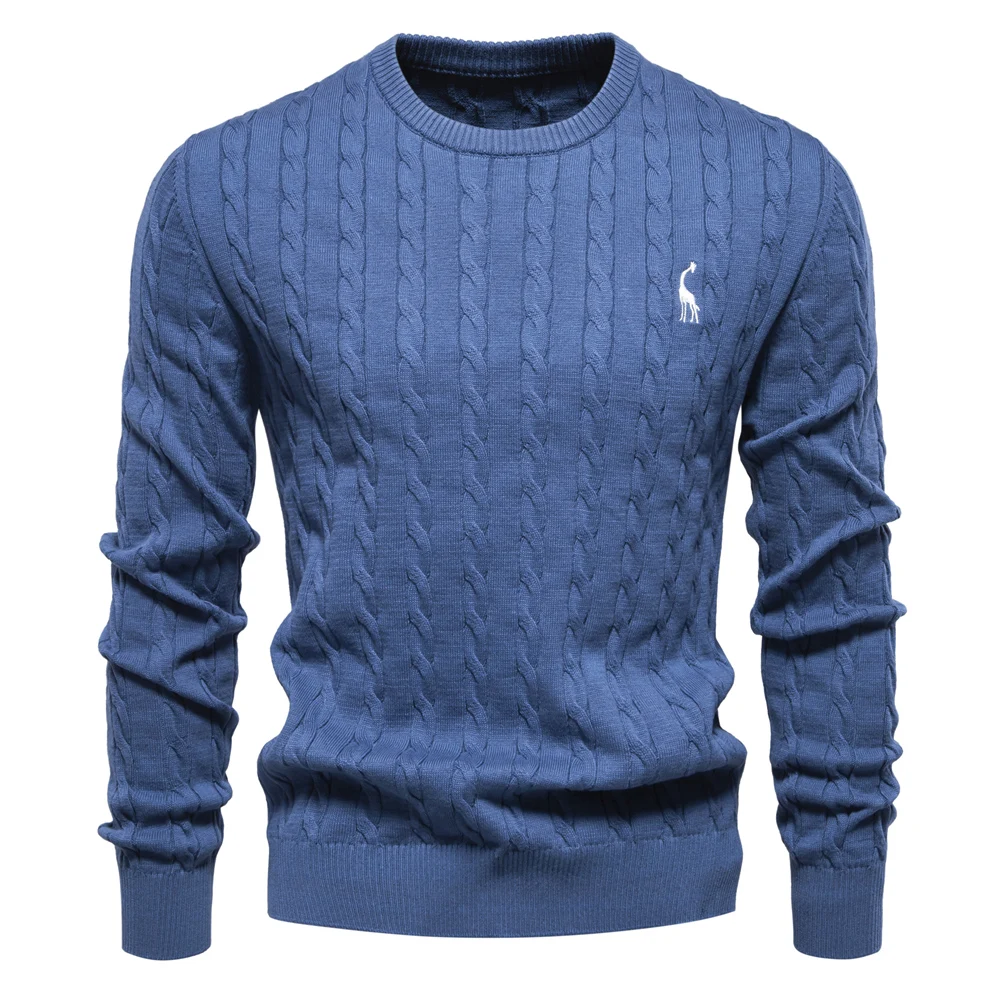 AIOPESON Mens Giraffe Embroidery Cotton Sweaters Round Neck Classic Twist Patterned Pullover Knitted Sweater for Men