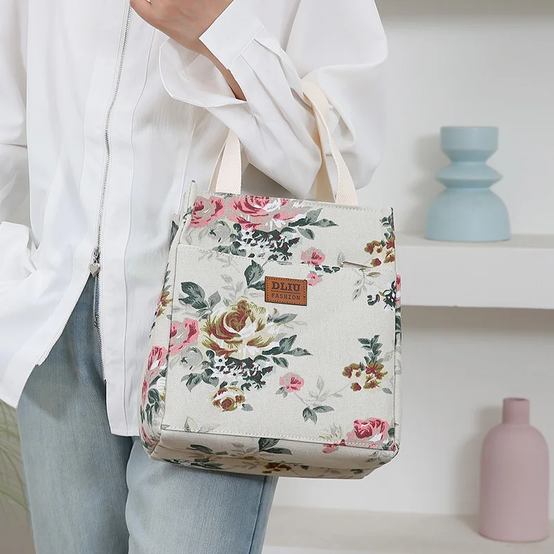 New Canvas Flower Printed Fabric Handbag, Work Portable Multi-Pocket Zipper Semi-Closed Daily Clutter Storage Bag, Bento Bag
