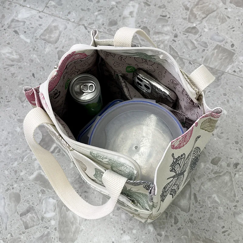 New Canvas Flower Printed Fabric Handbag, Work Portable Multi-Pocket Zipper Semi-Closed Daily Clutter Storage Bag, Bento Bag