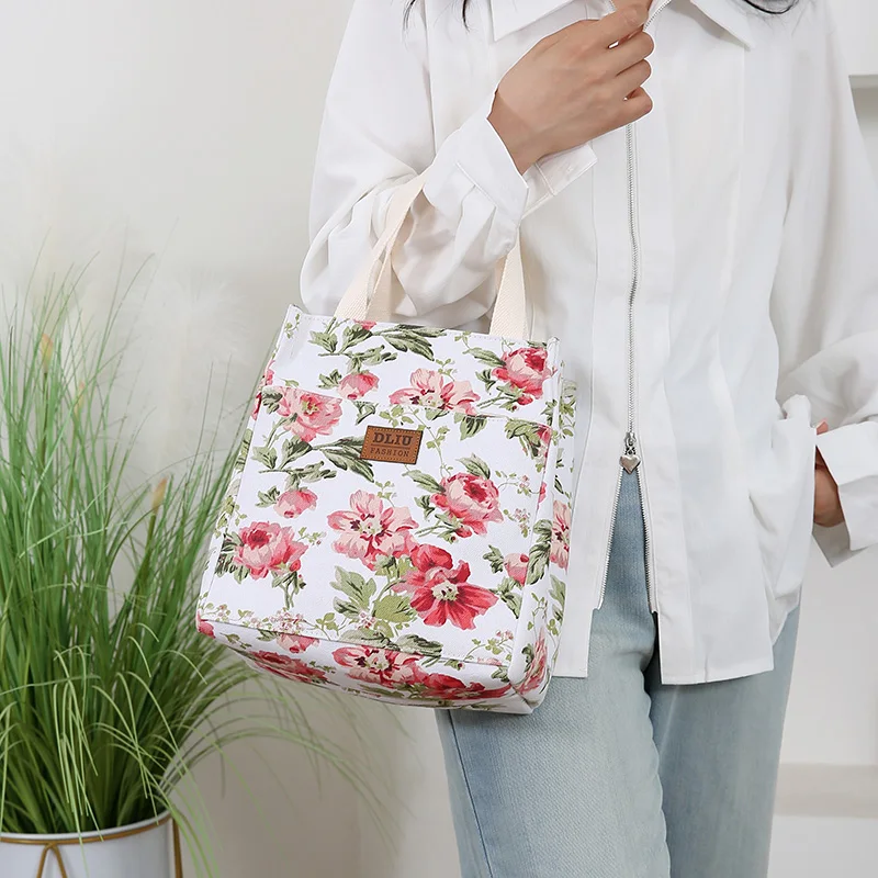 New Canvas Flower Printed Fabric Handbag, Work Portable Multi-Pocket Zipper Semi-Closed Daily Clutter Storage Bag, Bento Bag