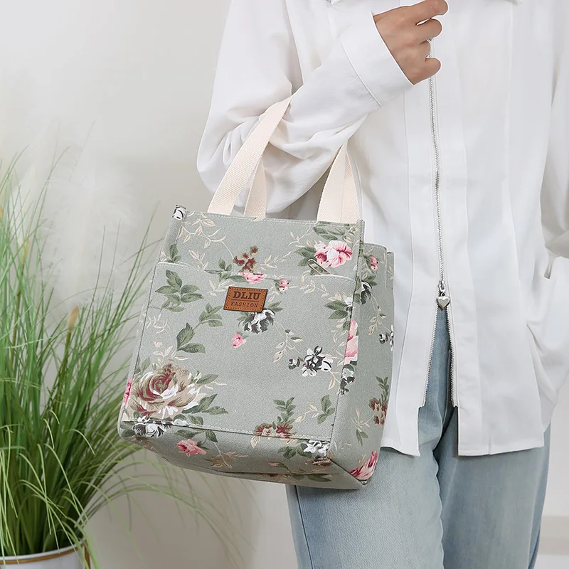 New Canvas Flower Printed Fabric Handbag, Work Portable Multi-Pocket Zipper Semi-Closed Daily Clutter Storage Bag, Bento Bag
