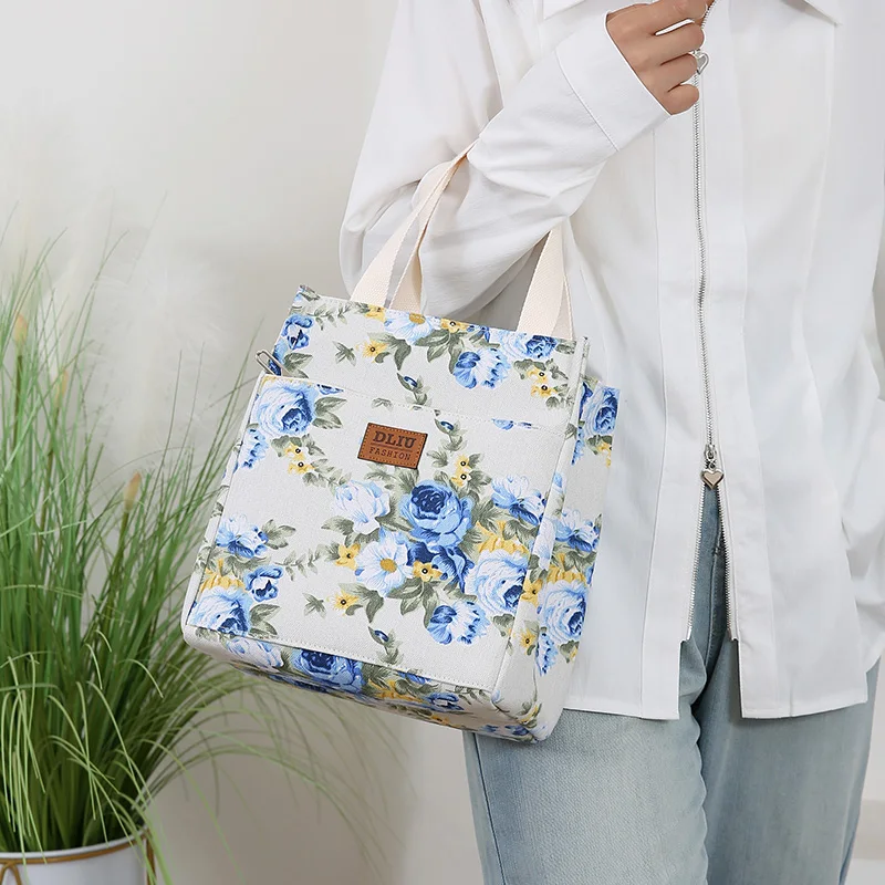 New Canvas Flower Printed Fabric Handbag, Work Portable Multi-Pocket Zipper Semi-Closed Daily Clutter Storage Bag, Bento Bag