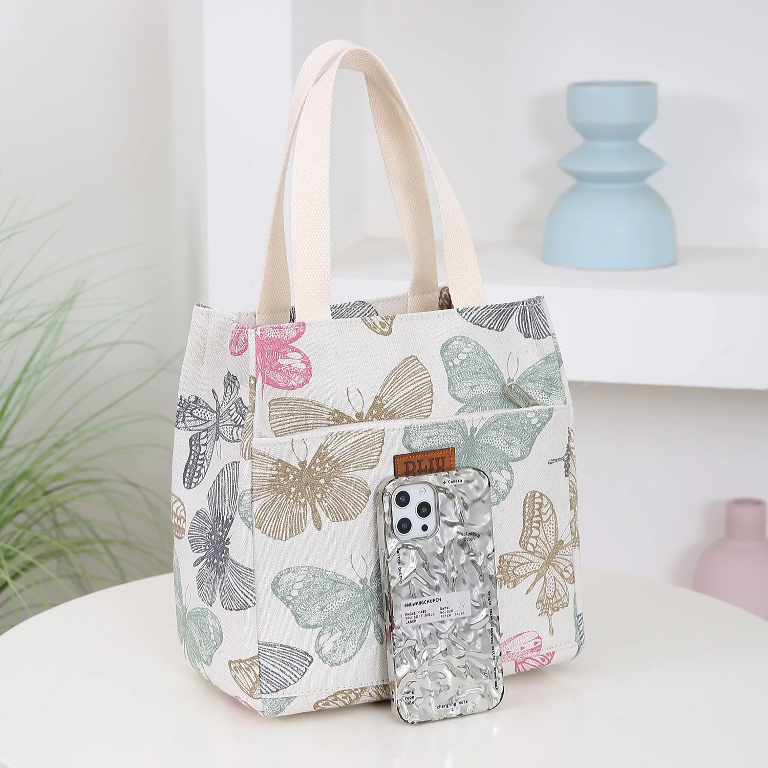 New Canvas Flower Printed Fabric Handbag, Work Portable Multi-Pocket Zipper Semi-Closed Daily Clutter Storage Bag, Bento Bag