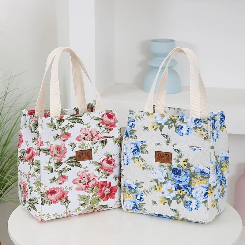 New Canvas Flower Printed Fabric Handbag, Work Portable Multi-Pocket Zipper Semi-Closed Daily Clutter Storage Bag, Bento Bag