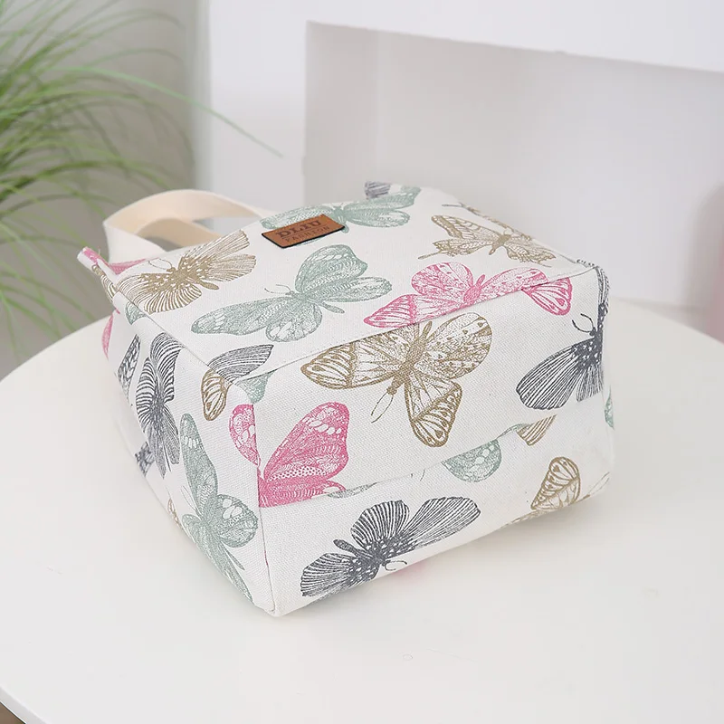 New Canvas Flower Printed Fabric Handbag, Work Portable Multi-Pocket Zipper Semi-Closed Daily Clutter Storage Bag, Bento Bag