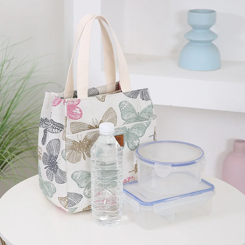 New Canvas Flower Printed Fabric Handbag, Work Portable Multi-Pocket Zipper Semi-Closed Daily Clutter Storage Bag, Bento Bag