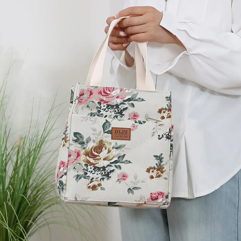 New Canvas Flower Printed Fabric Handbag, Work Portable Multi-Pocket Zipper Semi-Closed Daily Clutter Storage Bag, Bento Bag