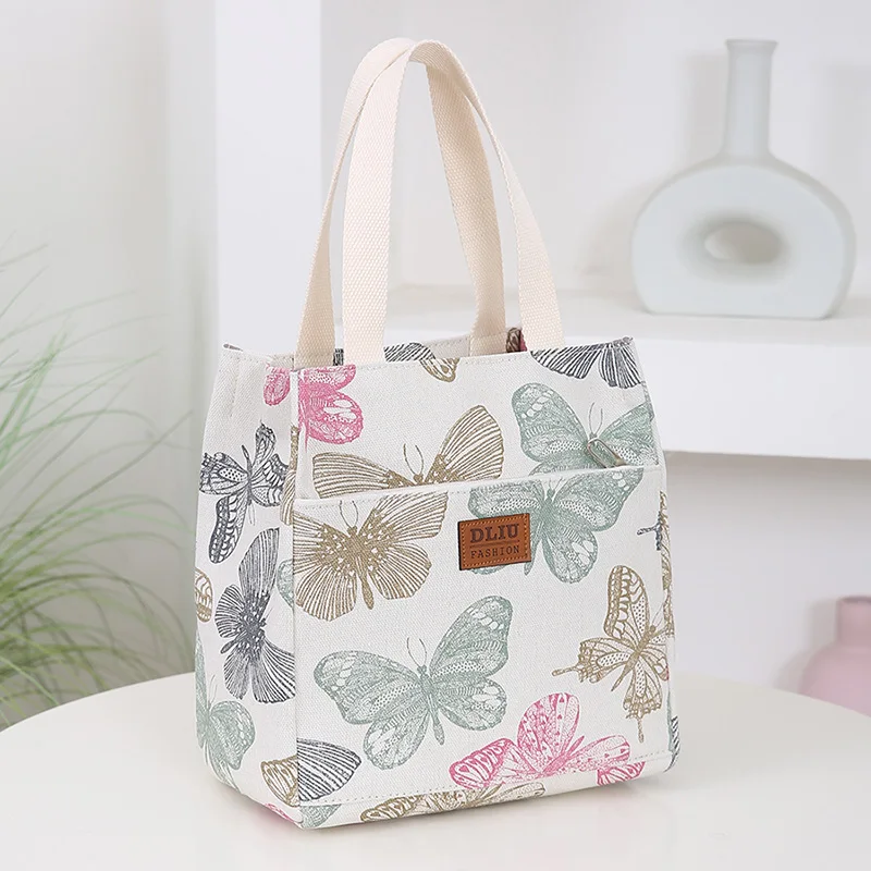 New Canvas Flower Printed Fabric Handbag, Work Portable Multi-Pocket Zipper Semi-Closed Daily Clutter Storage Bag, Bento Bag