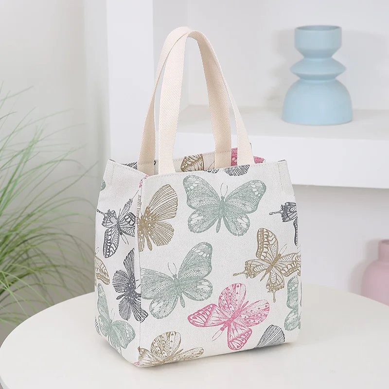 New Canvas Flower Printed Fabric Handbag, Work Portable Multi-Pocket Zipper Semi-Closed Daily Clutter Storage Bag, Bento Bag