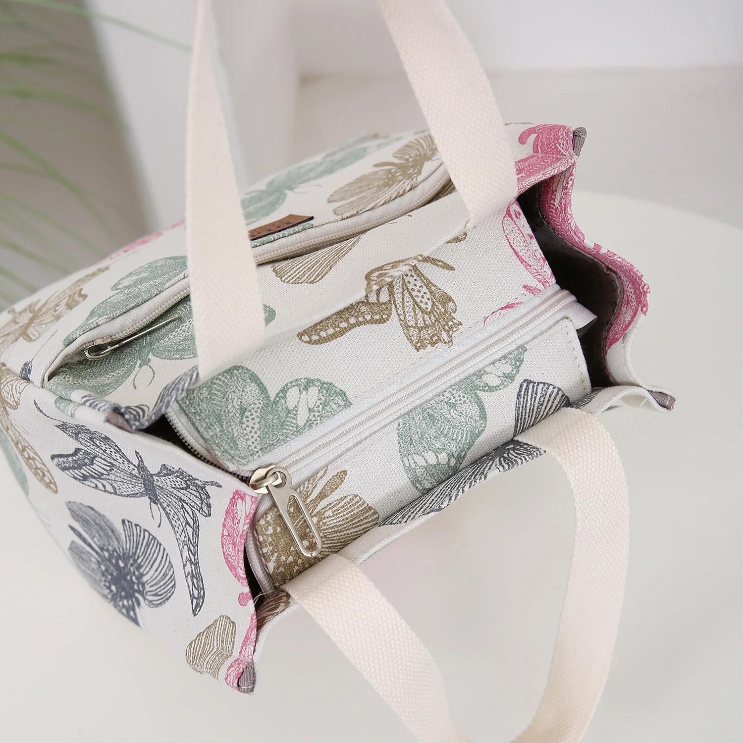 New Canvas Flower Printed Fabric Handbag, Work Portable Multi-Pocket Zipper Semi-Closed Daily Clutter Storage Bag, Bento Bag