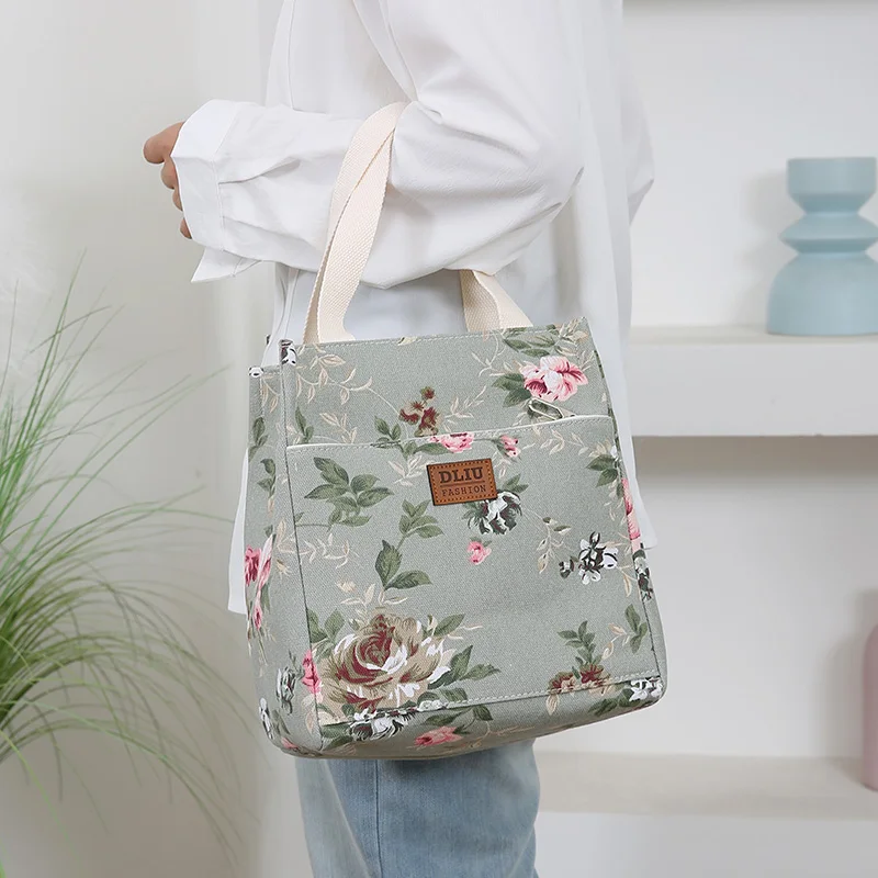 New Canvas Flower Printed Fabric Handbag, Work Portable Multi-Pocket Zipper Semi-Closed Daily Clutter Storage Bag, Bento Bag