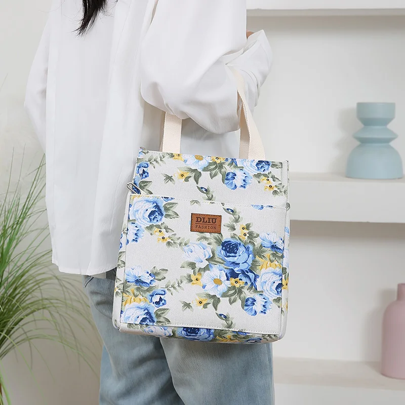 New Canvas Flower Printed Fabric Handbag, Work Portable Multi-Pocket Zipper Semi-Closed Daily Clutter Storage Bag, Bento Bag