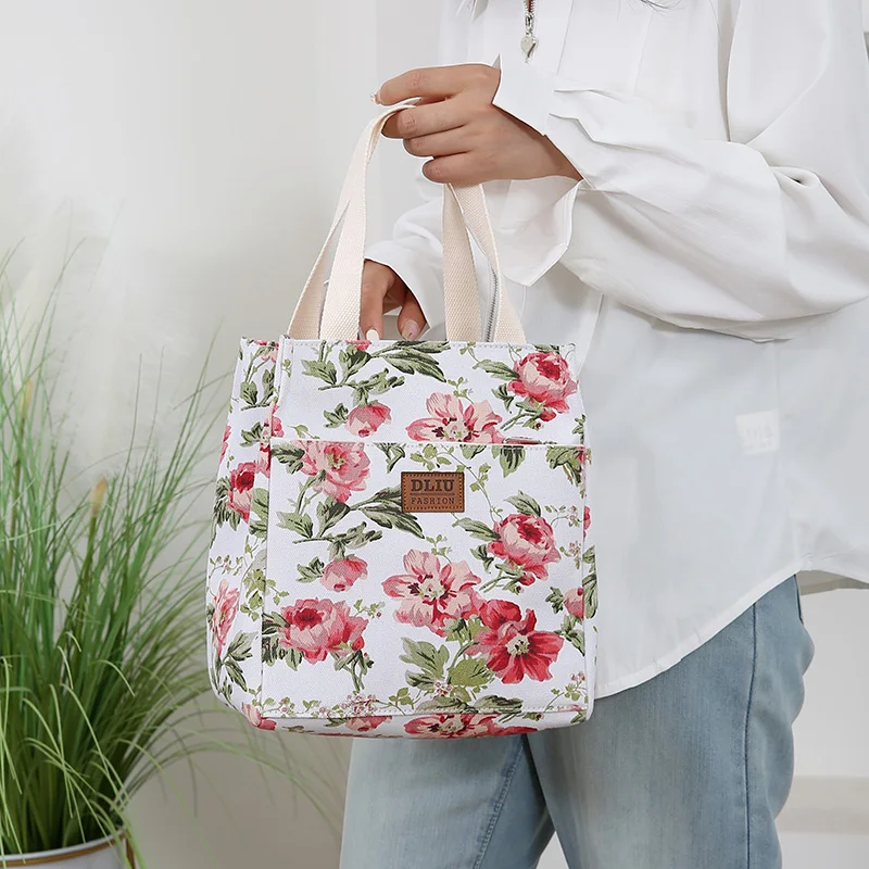 New Canvas Flower Printed Fabric Handbag, Work Portable Multi-Pocket Zipper Semi-Closed Daily Clutter Storage Bag, Bento Bag