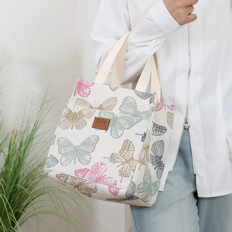 New Canvas Flower Printed Fabric Handbag, Work Portable Multi-Pocket Zipper Semi-Closed Daily Clutter Storage Bag, Bento Bag