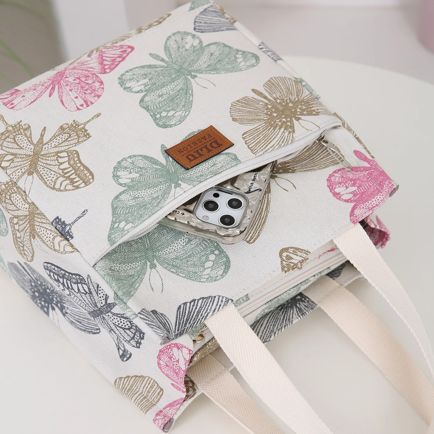 New Canvas Flower Printed Fabric Handbag, Work Portable Multi-Pocket Zipper Semi-Closed Daily Clutter Storage Bag, Bento Bag
