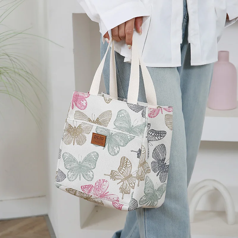 New Canvas Flower Printed Fabric Handbag, Work Portable Multi-Pocket Zipper Semi-Closed Daily Clutter Storage Bag, Bento Bag