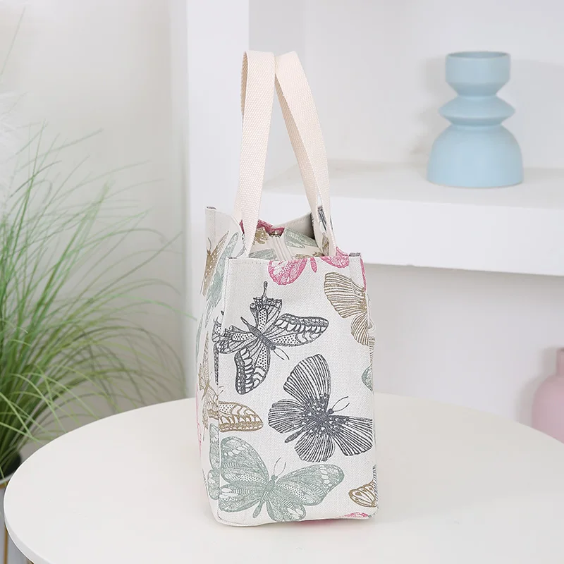 New Canvas Flower Printed Fabric Handbag, Work Portable Multi-Pocket Zipper Semi-Closed Daily Clutter Storage Bag, Bento Bag