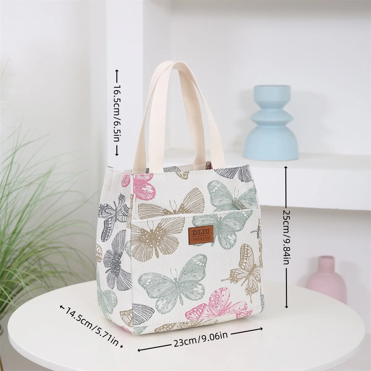 New Canvas Flower Printed Fabric Handbag, Work Portable Multi-Pocket Zipper Semi-Closed Daily Clutter Storage Bag, Bento Bag