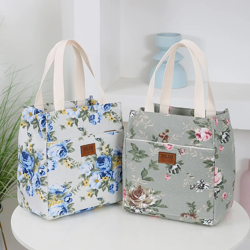 New Canvas Flower Printed Fabric Handbag, Work Portable Multi-Pocket Zipper Semi-Closed Daily Clutter Storage Bag, Bento Bag