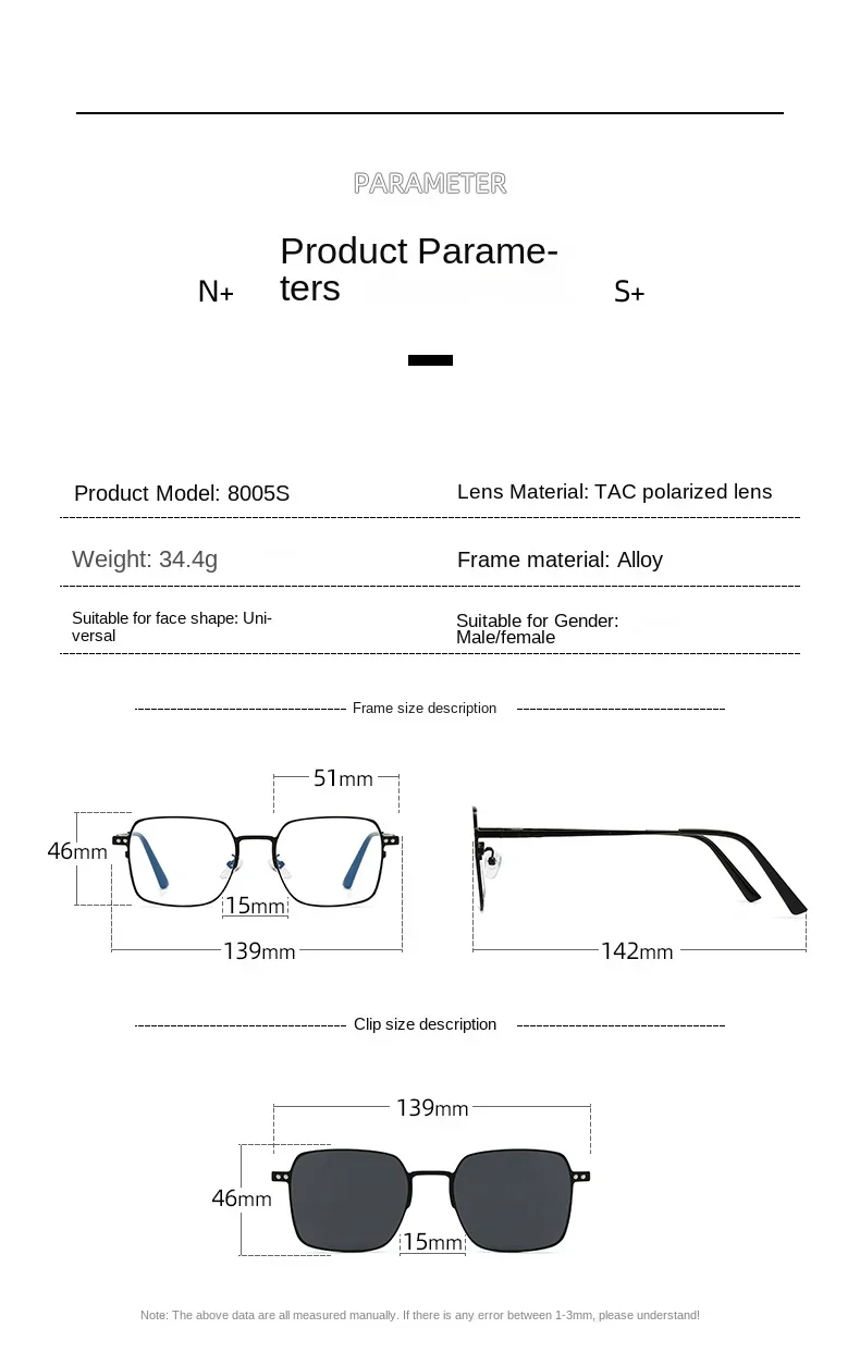 3 in1 Square Frame Magnetic Clip Myopia Sunglasses Glasses Women Men Polarized Prescription Optical Big Frame Eyeglasses