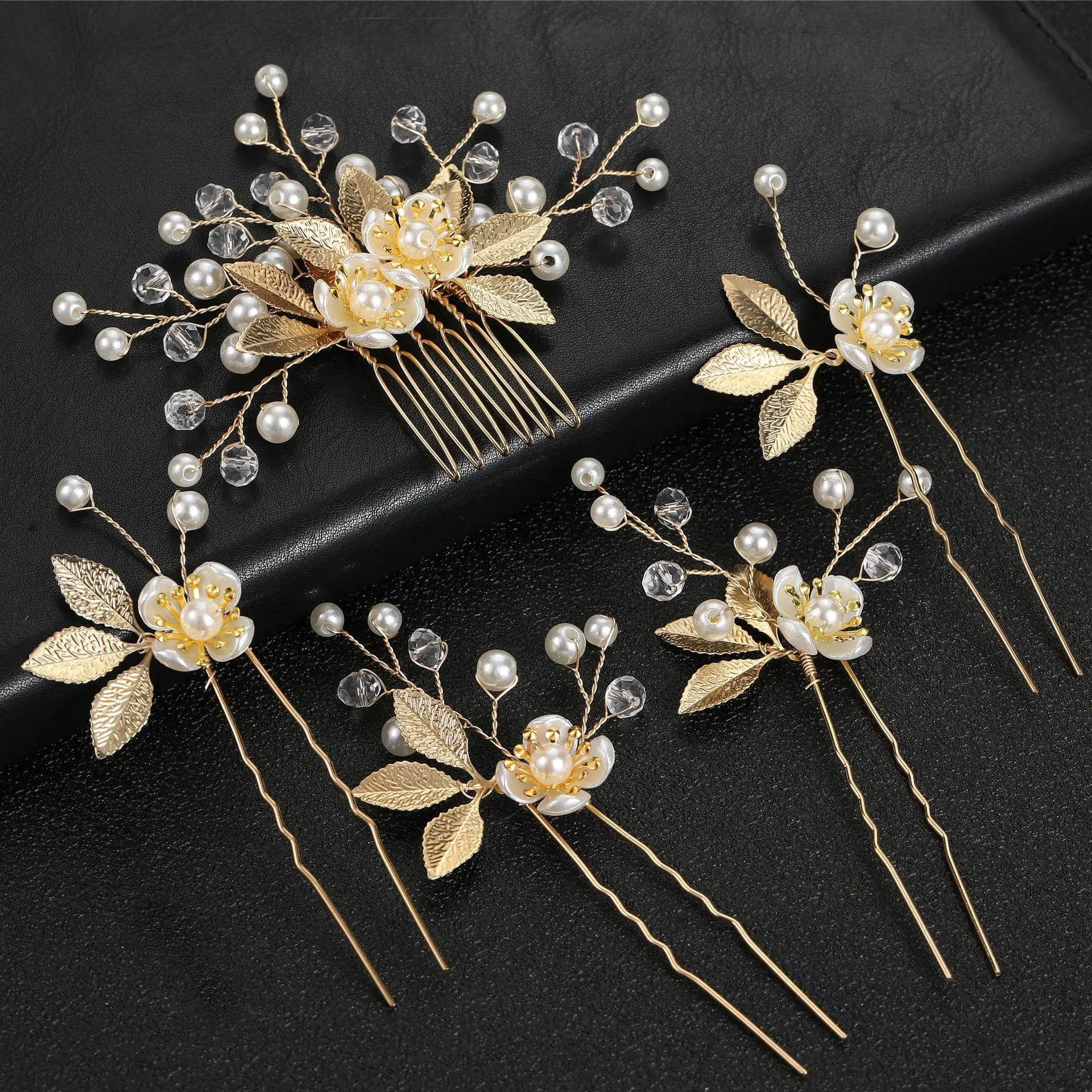 5 Pcs Handmade Flower Pearls Hair Combs With Leaves Hair pins Wedding Hair Accessories For Women Bride Crystal Headbands