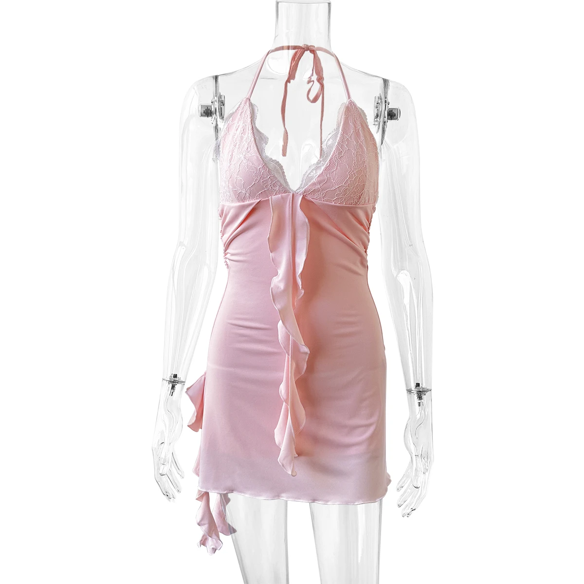 Sexy V-Neck Hanging Neck Lace Backless Lace Up Dress Summer Bar Club Spicy Girl Women's Clothing 2024New Style