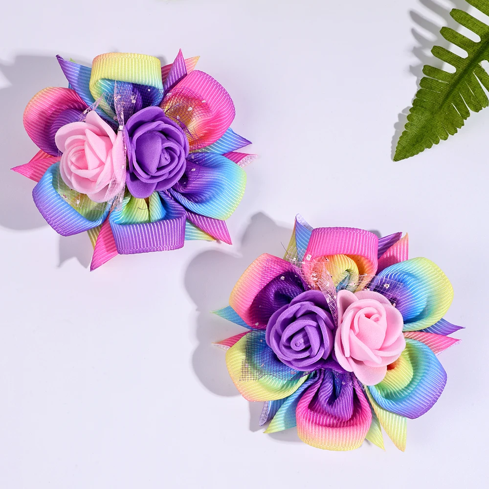 2pcs/Pack Kids' Rainbow Gradient Woven Ribbon Foam Flower Hair Clips, Children's Hair Accessories Hair Clips Hairbows for Girls