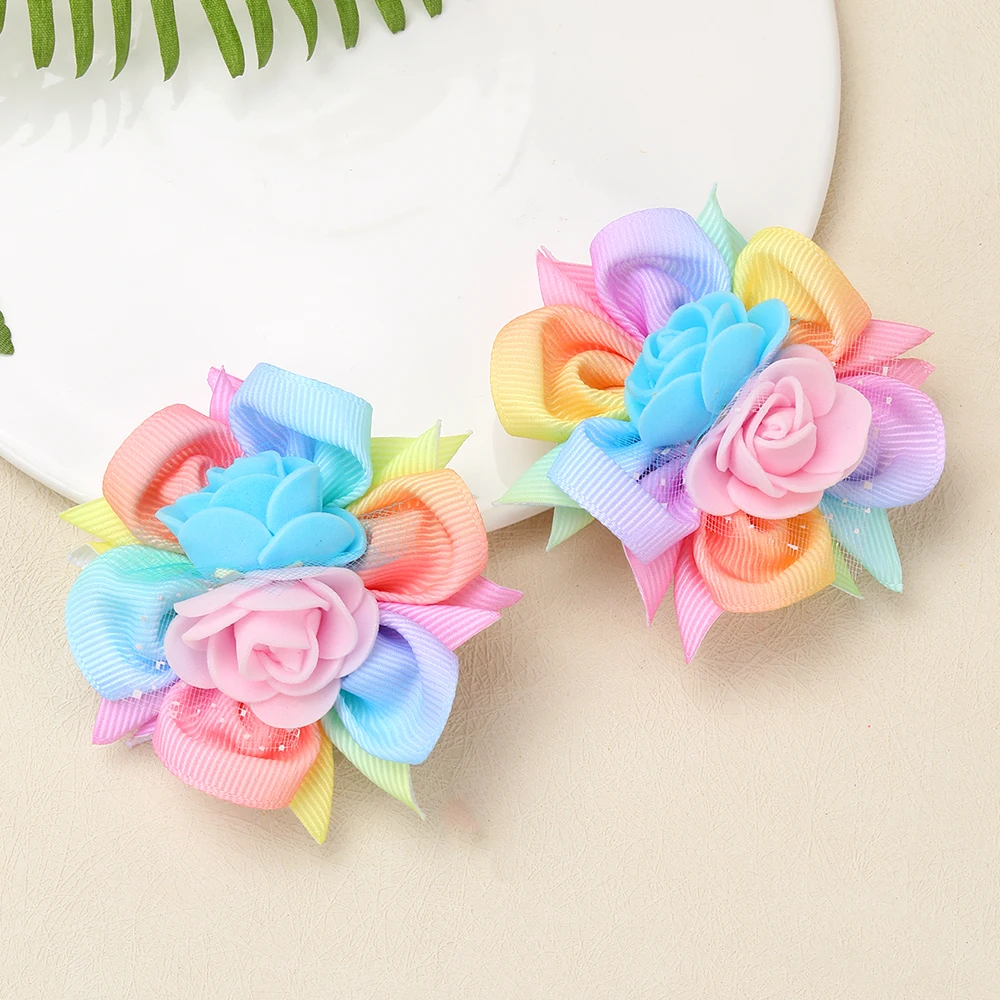 2pcs/Pack Kids' Rainbow Gradient Woven Ribbon Foam Flower Hair Clips, Children's Hair Accessories Hair Clips Hairbows for Girls