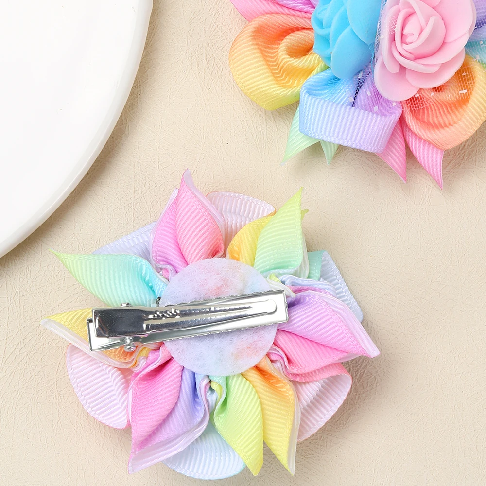 2pcs/Pack Kids' Rainbow Gradient Woven Ribbon Foam Flower Hair Clips, Children's Hair Accessories Hair Clips Hairbows for Girls
