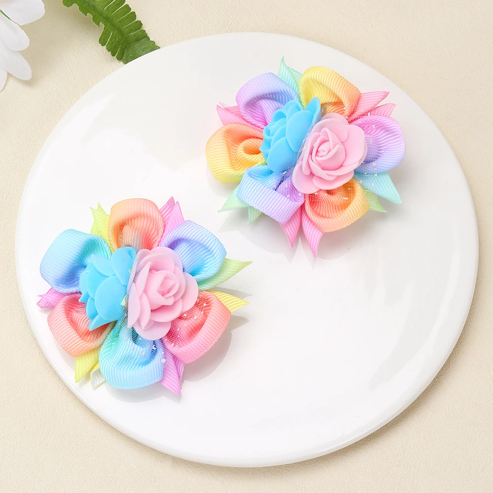 2pcs/Pack Kids' Rainbow Gradient Woven Ribbon Foam Flower Hair Clips, Children's Hair Accessories Hair Clips Hairbows for Girls