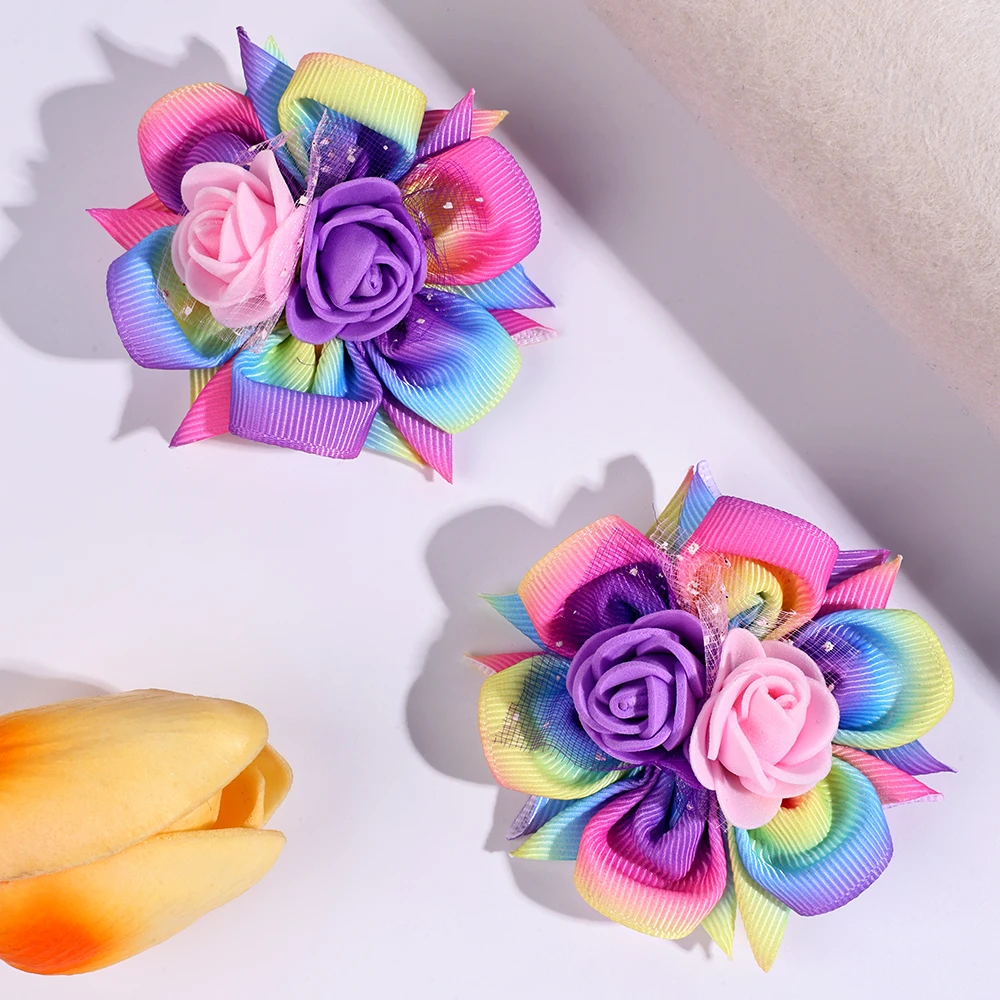 2pcs/Pack Kids' Rainbow Gradient Woven Ribbon Foam Flower Hair Clips, Children's Hair Accessories Hair Clips Hairbows for Girls