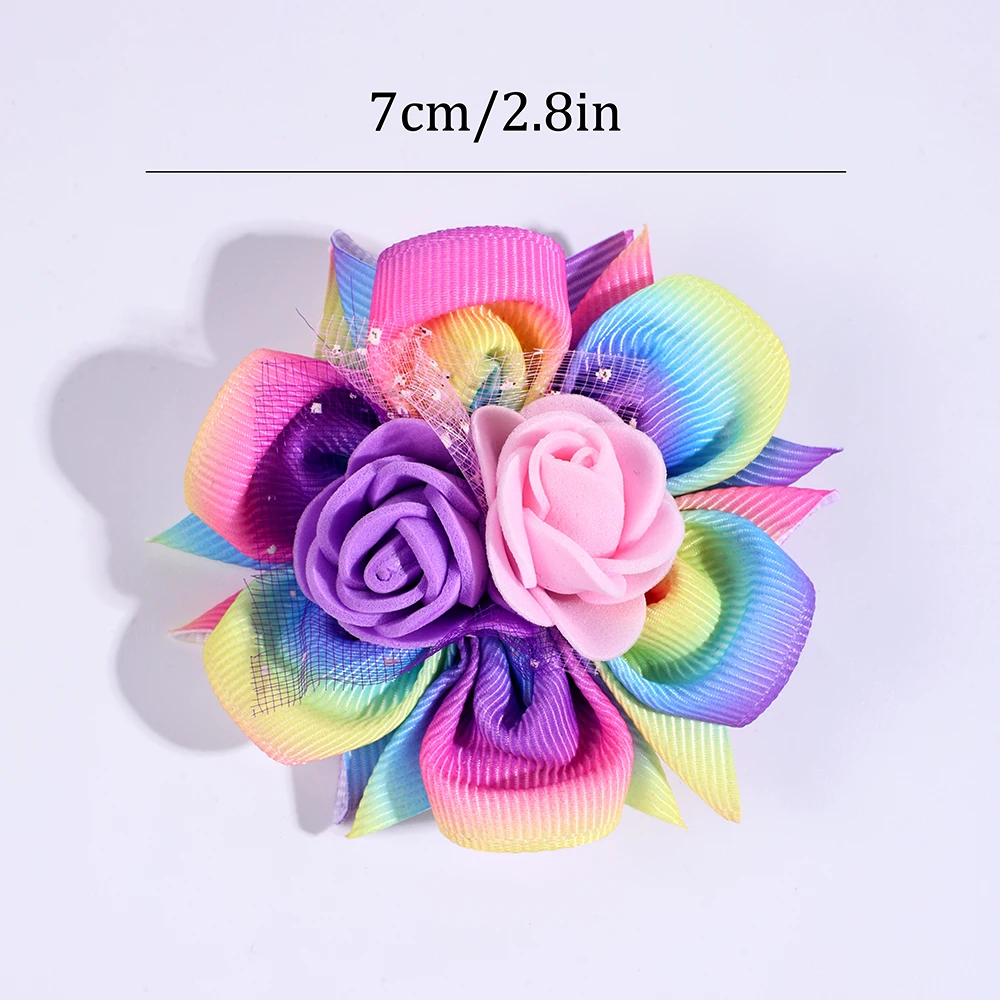 2pcs/Pack Kids' Rainbow Gradient Woven Ribbon Foam Flower Hair Clips, Children's Hair Accessories Hair Clips Hairbows for Girls