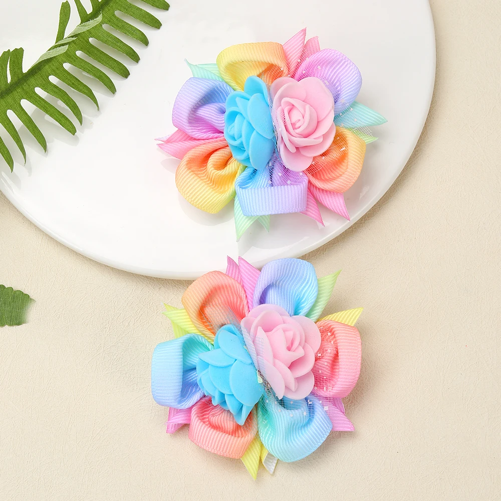 2pcs/Pack Kids' Rainbow Gradient Woven Ribbon Foam Flower Hair Clips, Children's Hair Accessories Hair Clips Hairbows for Girls
