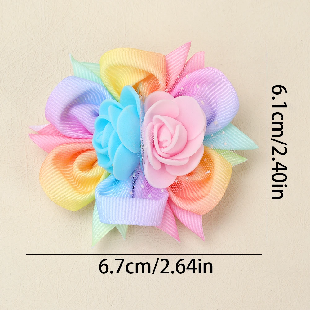 2pcs/Pack Kids' Rainbow Gradient Woven Ribbon Foam Flower Hair Clips, Children's Hair Accessories Hair Clips Hairbows for Girls