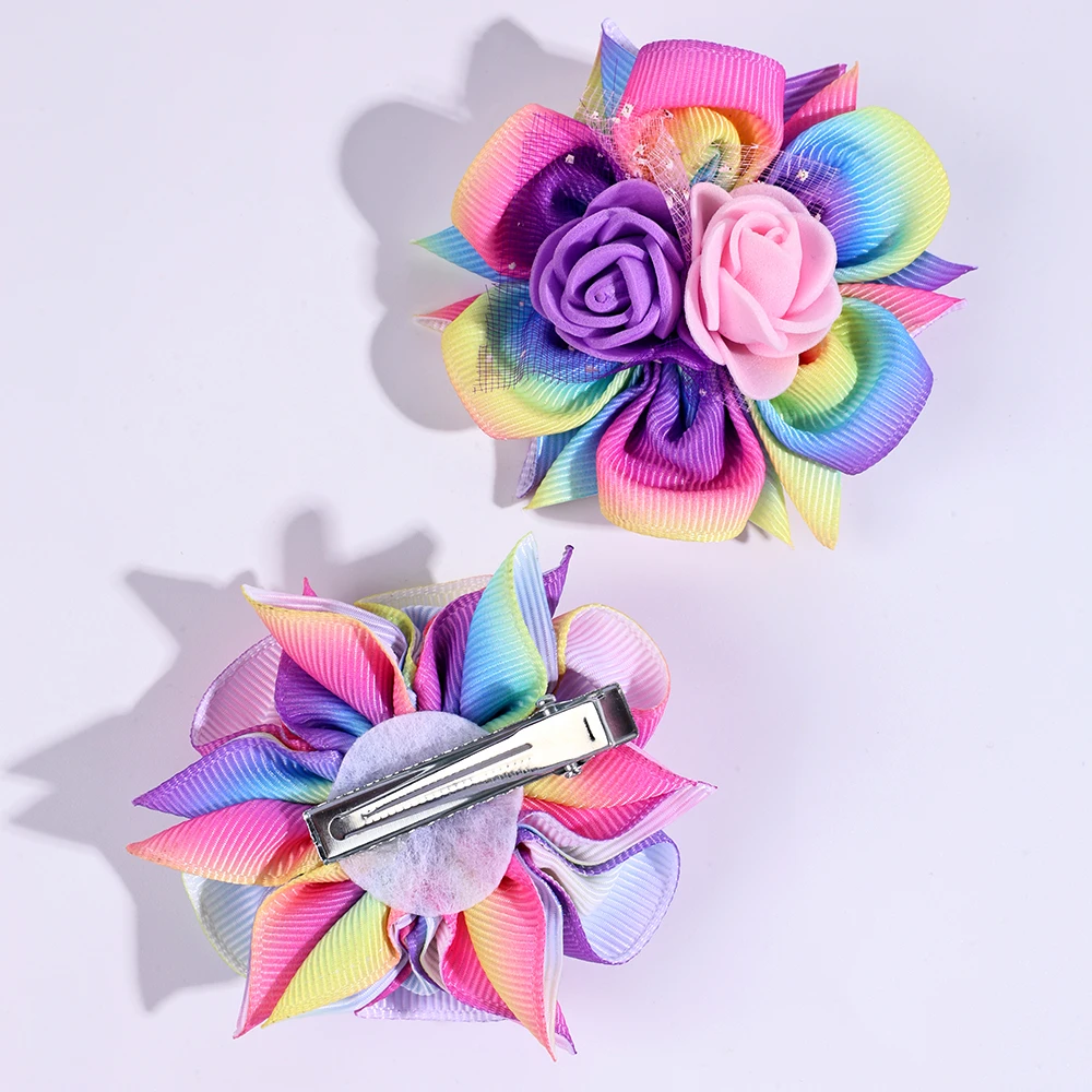 2pcs/Pack Kids' Rainbow Gradient Woven Ribbon Foam Flower Hair Clips, Children's Hair Accessories Hair Clips Hairbows for Girls