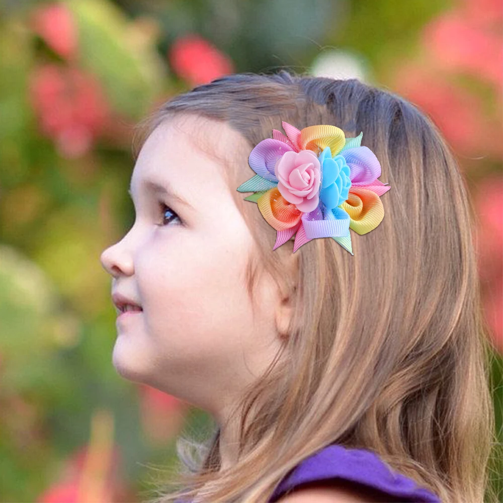 2pcs/Pack Kids' Rainbow Gradient Woven Ribbon Foam Flower Hair Clips, Children's Hair Accessories Hair Clips Hairbows for Girls
